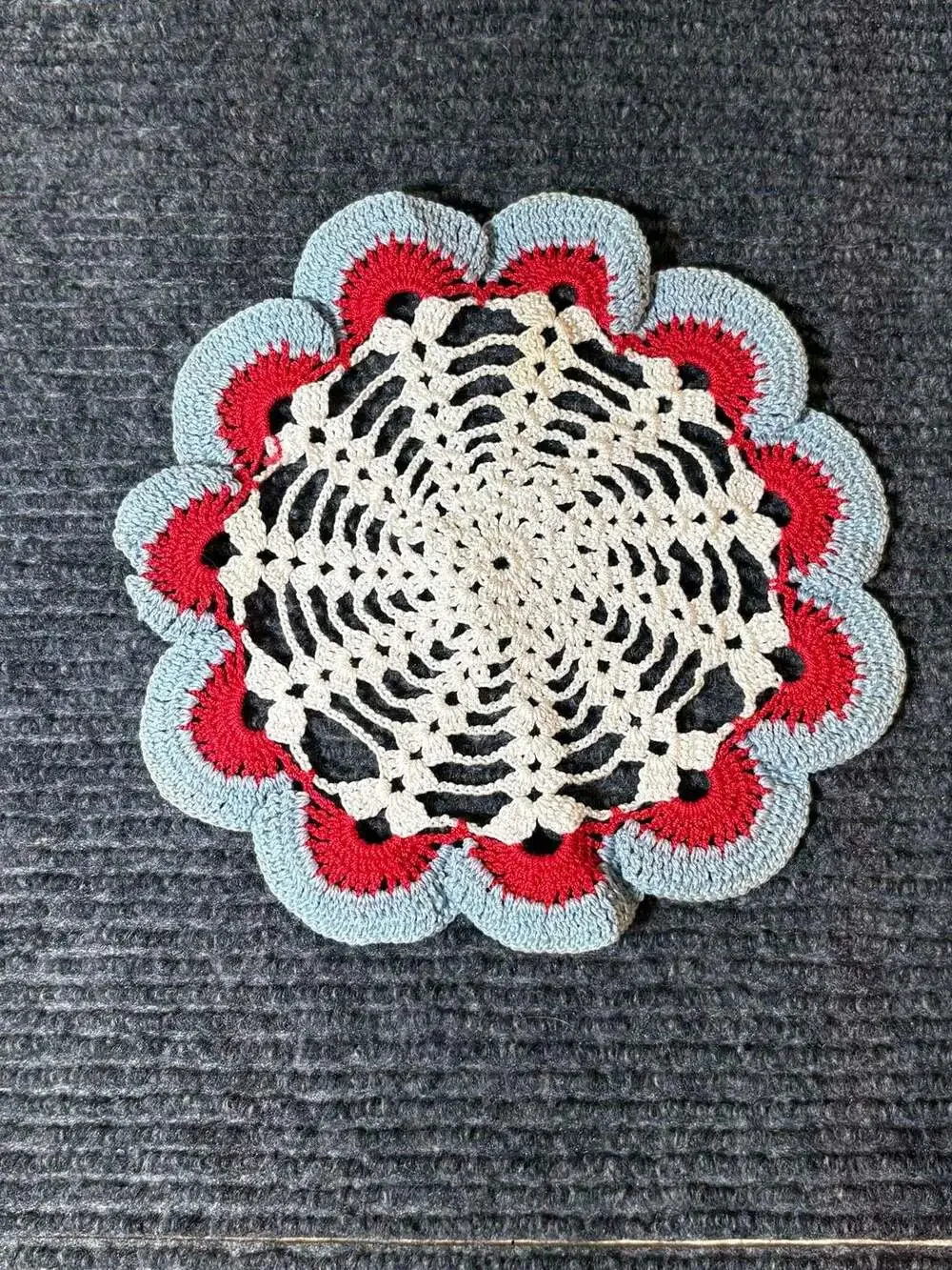 Vintage Hand Crocheted Cotton Doily Trivet Hot Pad Red White and Blue Ruffled Ed
